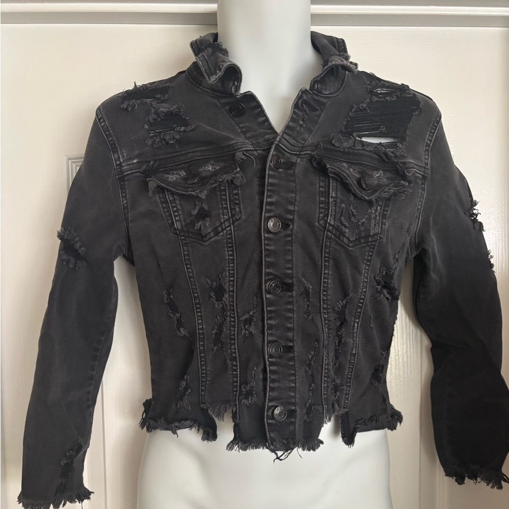 Cello Charcoal Distressed Denim Jacket